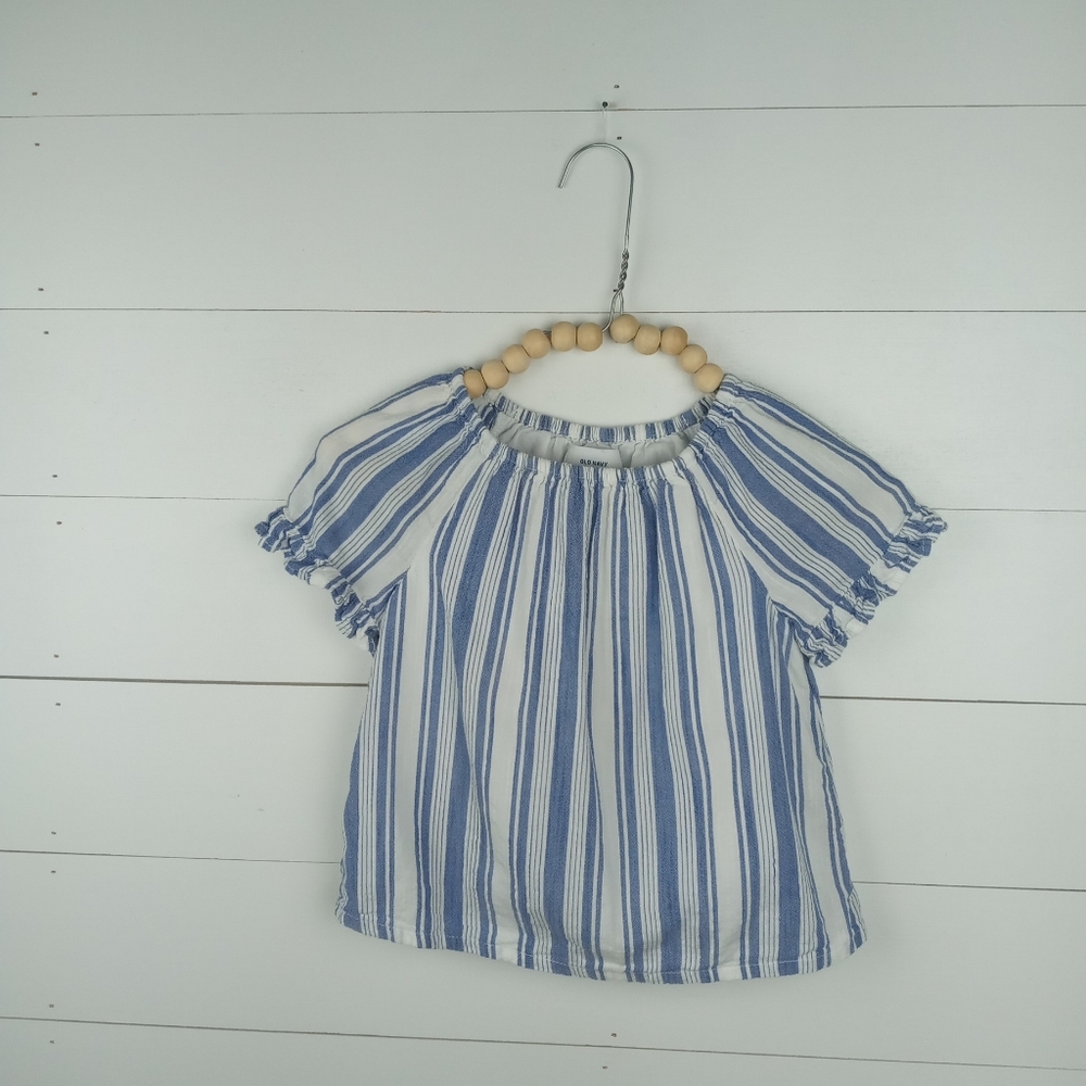 Old Navy girls 4T white and blue stripes elastic neckline blouse ruffle sleeves